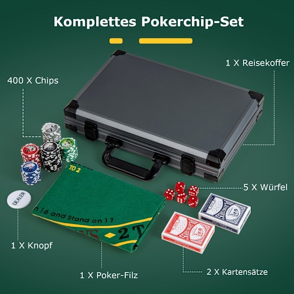 Pokersæt med 400 laserchips & 2 spillekort & 5 terninger & dealer-knap aluminium pokeretui