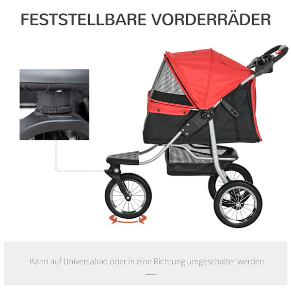 Dog Cart Dog Buggy Cat Buggy Lemmikkirattaat 3 Pyörällä Taitettava Koirankissa Oxford Red + Black 109,5 X 54,5 X 106,5 Cm