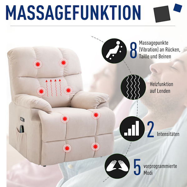 Massagestol stå-støtte afslapningsstol med varmefunktion, justerbar, USB-fjernbetjening, kort plys til afslappet siddestilling