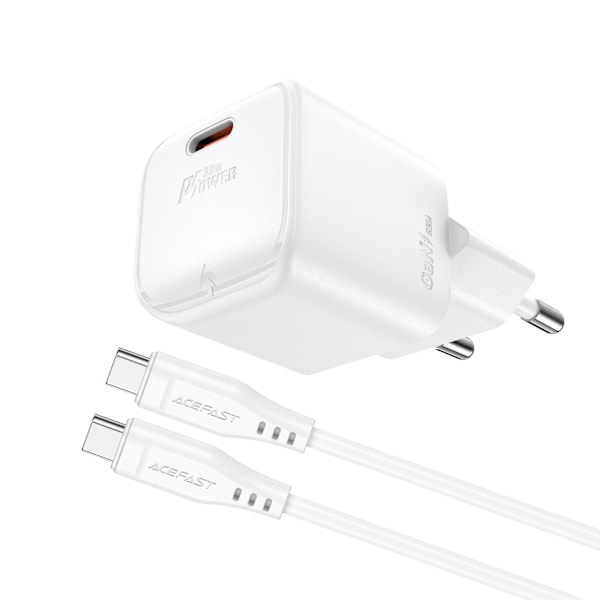 Mini PD 30W GaN laddare + USB-C kabel, vit