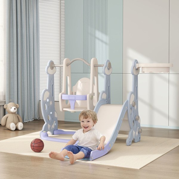 Slide 4-i-1 barnrutschbana med gunga, basketkorg, klätterställning, småbarnsrutschkana med raketdesign lekplats för inomhus och utomhus 1,5-4 år barn