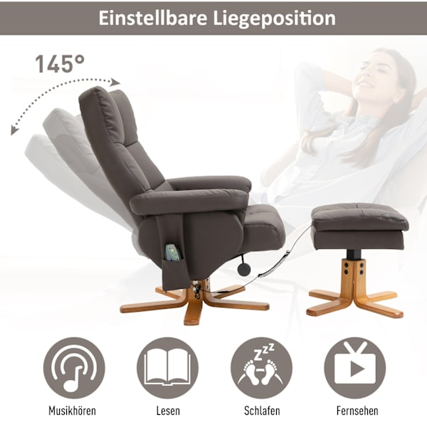 Avslappningsstol med pall, massagestol, TV-stol, 145° lutning, 10 vibrationspunkter, konstläder, brun