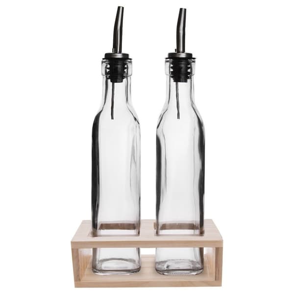 Set med två glasflaskor med dispenser i träställ
