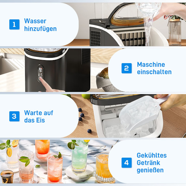 Ice Cube Machine 15 kg/24h Ice Cube Maker med 1,5 L vattentank, spade, isbehållare Ice Cube Maker Maskin med LED Display Svart 22 x 30 x 33 cm |