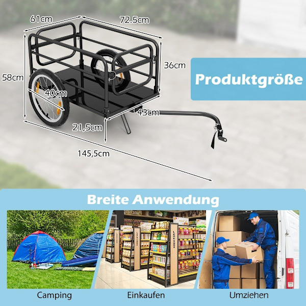 Cykeltrailer lastvogn foldbar med dæksel & kobling & reflekser 145,5 x 61 x 58 cm