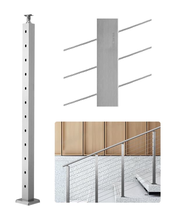 Kabelgelænderstolpe, 42x2x2 tommer, 30 huller, 304 rustfrit stål