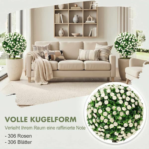 Kunstige rosekugler, topiary-pæle, 2-pak, UV-resistente, hvide
