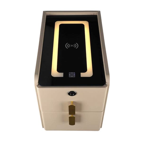 Beige yöpöytä LED-valolla, USB-latauksella, Bluetooth-kaiuttimella