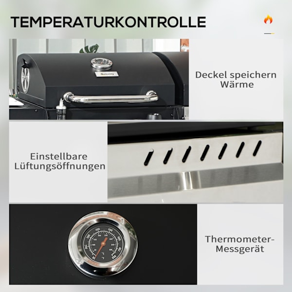 Kaasugrillivaunu 2+1 Polttimella, Lämpömittari, 3Kw, Bbq Hiiligrilli, Hylly, Sivuhylly, Koukku, Leirintäalue, Musta