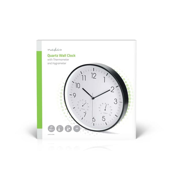 Tyst väggklocka, 300 mm, termometer och hygrometer