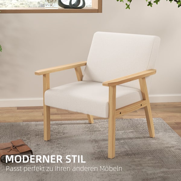 Lænestol med armlæn, spisestuestol, relaxstol i linned look, polstret stol til stue, soveværelse, stel af massivt træ, 64 x 70 x 72 cm, cremehvid