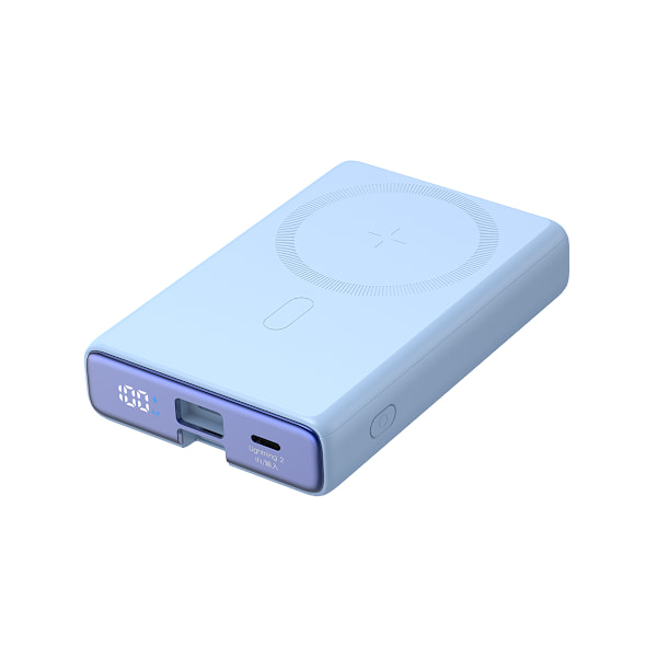 Magneettinen varavirtalähde 10000mAh 20W jalustalla + Lightning-kaapeli - USB-C sininen