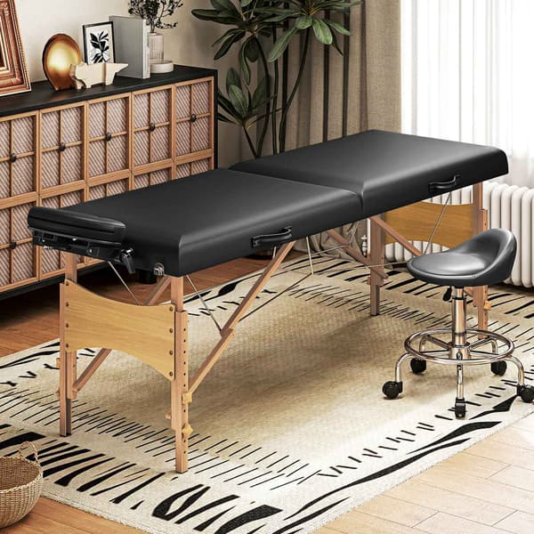 Højdejusterbart massagebriks, træstel, foldbar massageseng, skumpolstring, sort