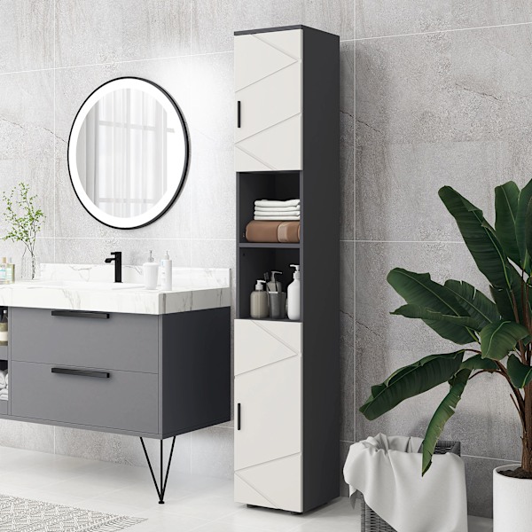 Kapea kylpyhuonekaappi, korkea wc-kaappi säädettävällä hyllyllä ja 2 avolokerolla, kylpyhuonekaappi pieniin tiloihin kylpyhuone, olohuone 30 x 30 x 18