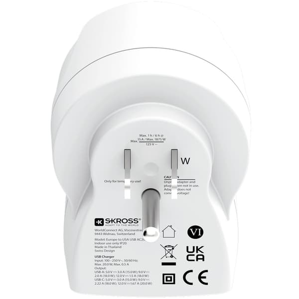 Strømadapter EU til US, USB-A/USB-C, 20W PD jordet