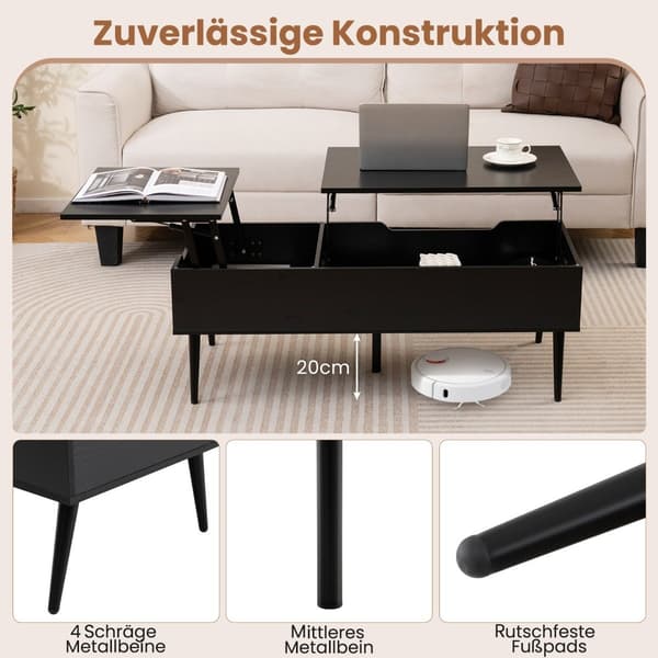Justerbart soffbord med hiss med dold förvaring, svart