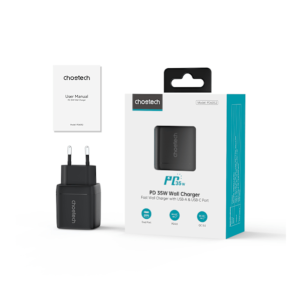 Pieni, tehokas GaN USB-A USB-C PD 35W verkkolaturi näytöllä, musta