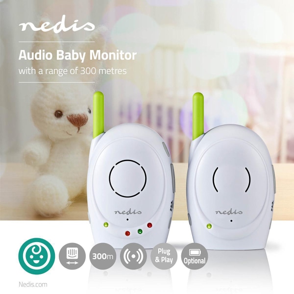Babyalarm | FHSS (Frequency-Hopping Spread Spectrum) | Med talk back-funktion | Rækkevidde: 300 m | Batteri / Strømforsyning | Grøn / Hvid