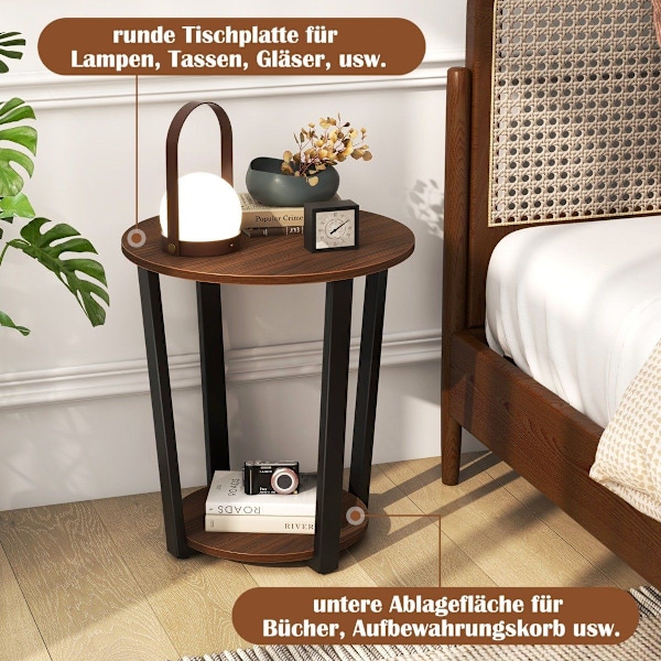 Rundt sidebord med åben hylde &amp; Metalramme 2 Tier Accent Bord Sofa Bord Valnød