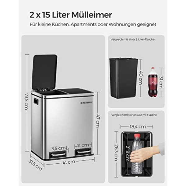 Kaksiosastoinen Soft-Close -kierrätysastia, 30 litran tilavuus