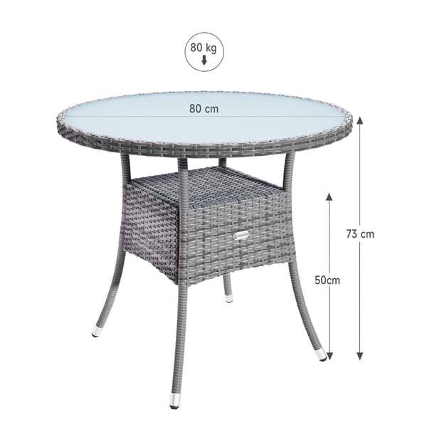 Polyrattan balkonbord, grå, Ø80cm, glasplade