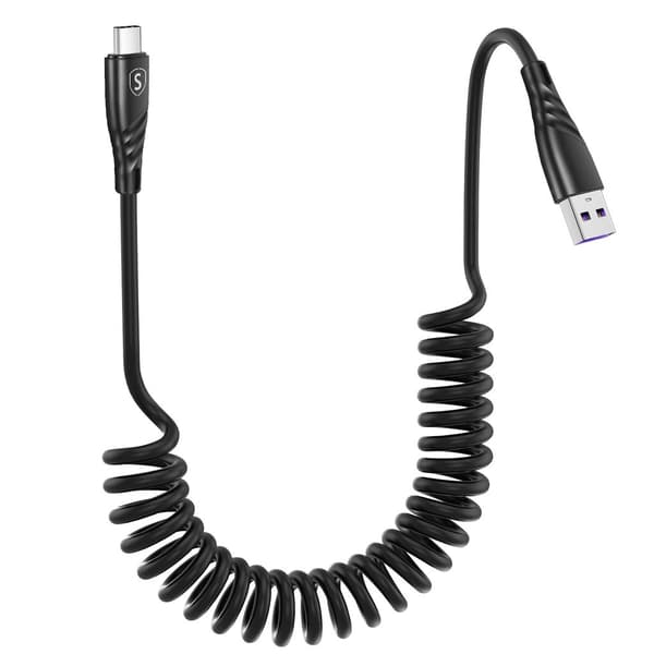 SiGN 15W spiralformet USB-A til USB-C hurtigopladerkabel til bil - sort