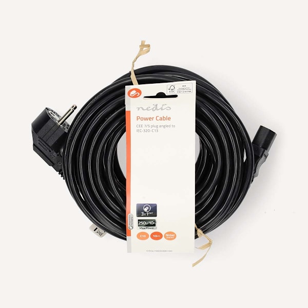 Strømkabel | Stikprop med sidebens jord – Han | IEC-320-C13 | Vinklet | Lige | Nikkelplateret | 10.0 m | Runde | PVC | Sort | Label