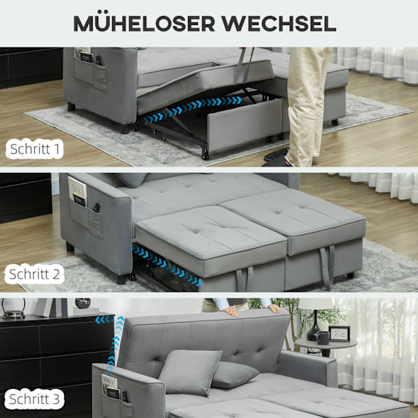 Sovesofa, 2-personers sofa med sovefunktion, justerbart ryglæn, sofa med hynder, fløjlslook, L-formet sovesofa med sengeboks, hjul til stue, gæstevære