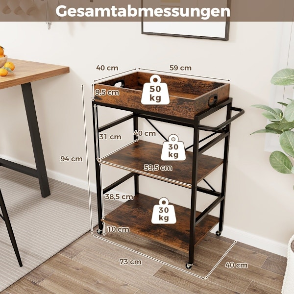 3-vånings serveringsvagn köksvagn med avtagbar bricka & handtag 73 x 40 x 94 cm brun + svart