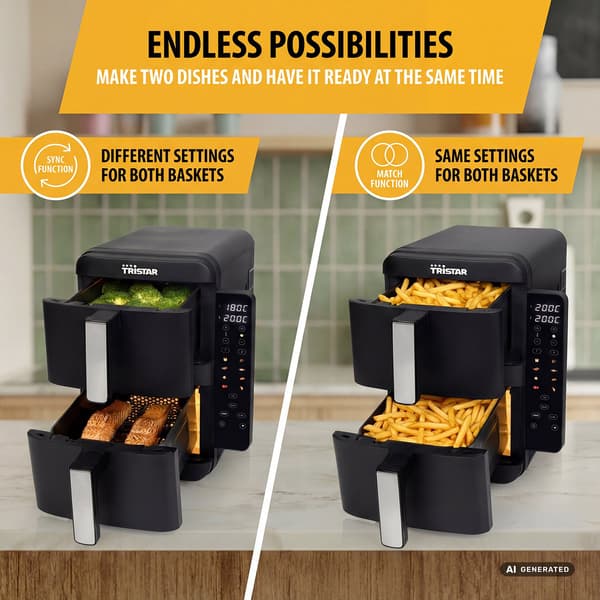 Stapelbar airfryer med dubbla korgar, 2 x 4,5 l med synkroniseringsfunktion