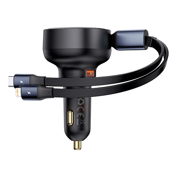 Billaddare med USB-A och utdragbar USB-C kabel iPhone 60W svart
