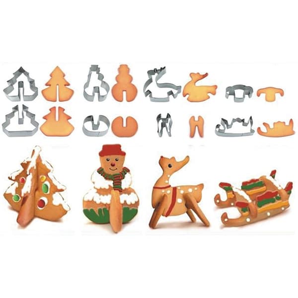 Set med 8 julformar för 3D-pepparkakor i rostfritt stål