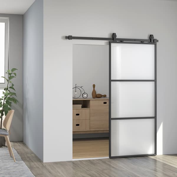 Skydedørssæt med matteret glas, soft-close, sort stål
