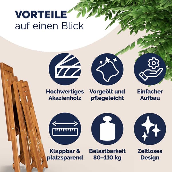 Balkonsæt i akacietræ, foldbart bord og 2 stole