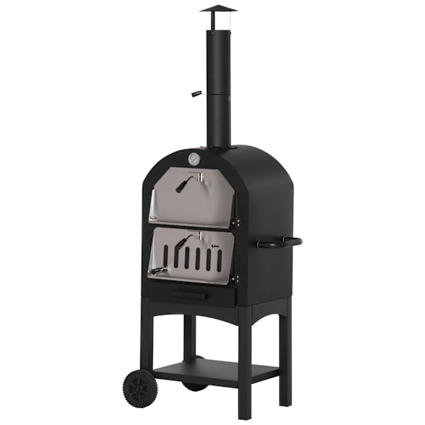 Pizzauuni Ulkona 2-In-1 Pyörillä, Grilliuuni, Suojakansi, Pizzalapio, 2 Grilliverkkoa, 3-Kerroksinen Puulämmitteinen Uuni, 63X54X161Cm