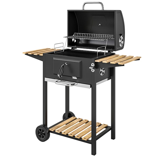 Kolgrill i rostfritt stål, mobil grillvagn med lock, termometer, grillgaller, hjul, justerbart handtag, kolbricka, kolgrillvagn med vedhylla, BBQ röka