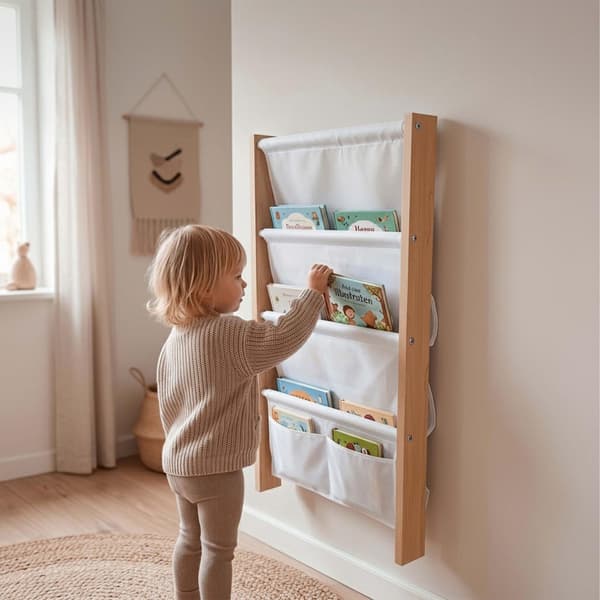 Väggbokhylla för barn med tygfickor, MDF och polyester