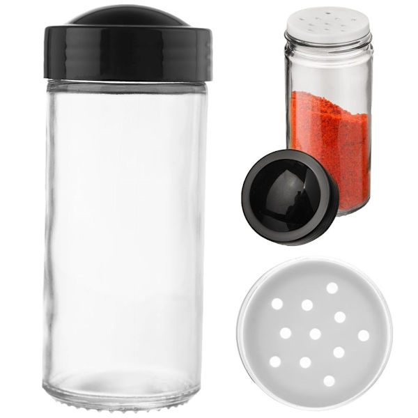 Glasbeholder til krydderier med sort plastikhætte