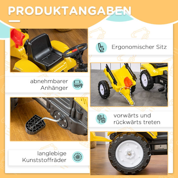 Pedaltraktor Med Släpvagn Pedalbil Traktor Barnpedaltraktor Leksaksfordon För 3-Åriga Barn Metallgul 133 X 42 X 51 Cm