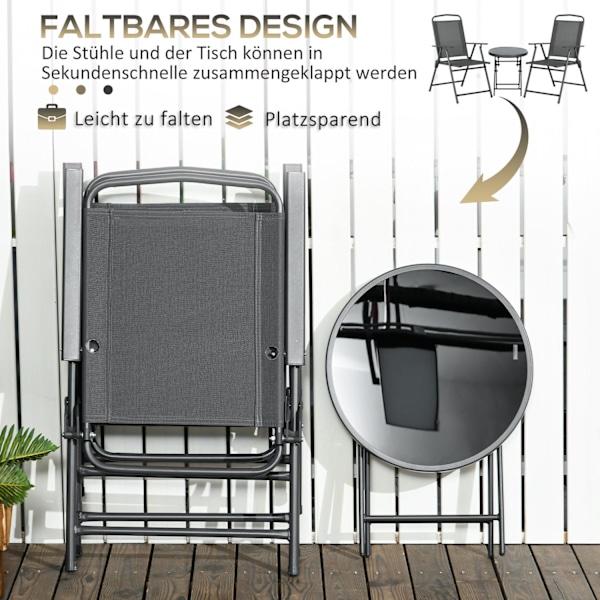 3-delat bistroset av metall, väderbeständig trädgårdsmöbelset med fällbart glasbord, trädgårdsstolar, utebalkongmöbelset, sittgrupp, balkongset, trädg