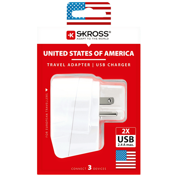 Reseadapter Europa till USA m.fl.2xUSB-A 12W Jordad