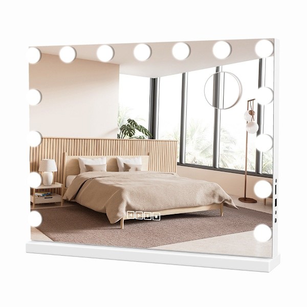 Hollywood-peili valaistuksella, USB-latausportti ja Bluetooth-kaiutin, kosmeettinen peili makuuhuoneeseen, 58 x 46 cm, valkoinen