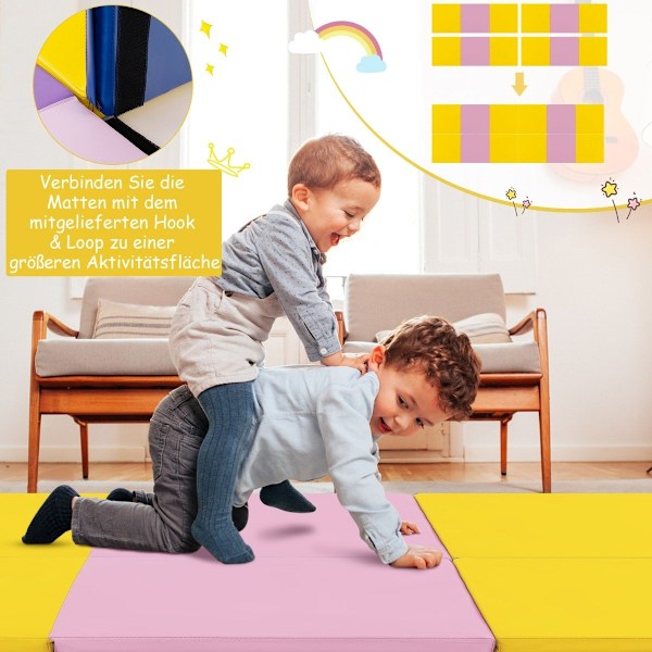 Foldbar blød gulvmåtte med 2 håndtag Skridsikker gymnastikmåtte 180 x 60 x 5 cm Pink + Gul