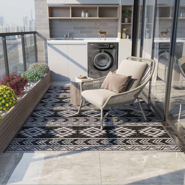 Outdoor Matto Vedenpitävä Muovimatto Parvekematto Kaksipuolisella Design Patio Musta+Harmaa 182X274Cm