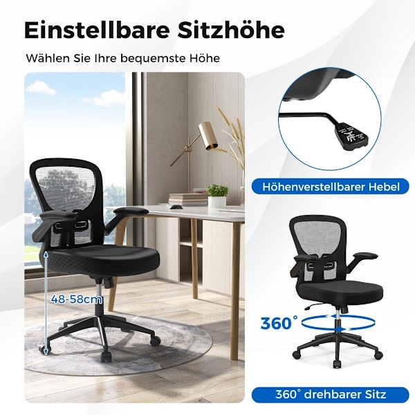 Ergonomisk kontorsstol med uppfällbara armstöd & justerbart svankstöd & vippfunktion