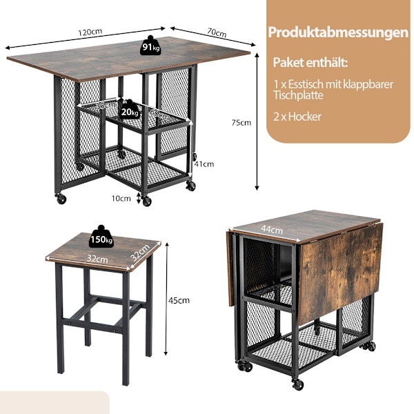 3 stycken Fällbart matbordsset Utdragbart matbord med 2 pallar och 2 näthyllor