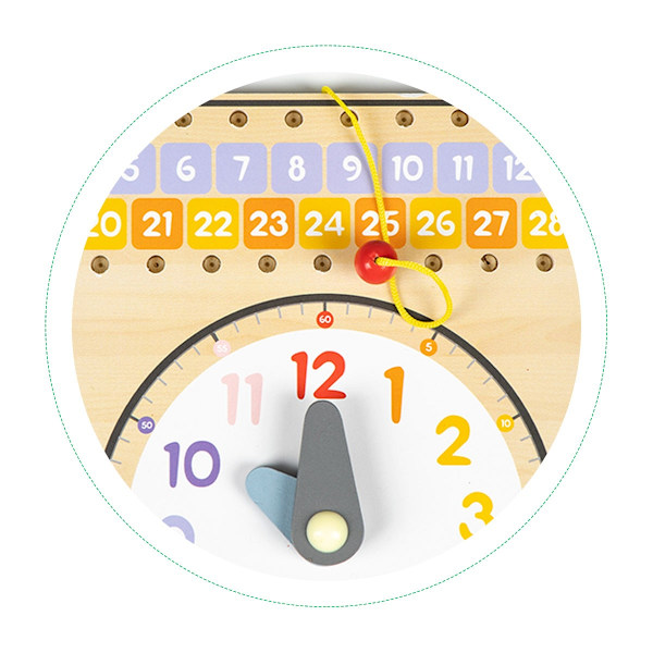 Træ manipulationstavle med kalender og ur