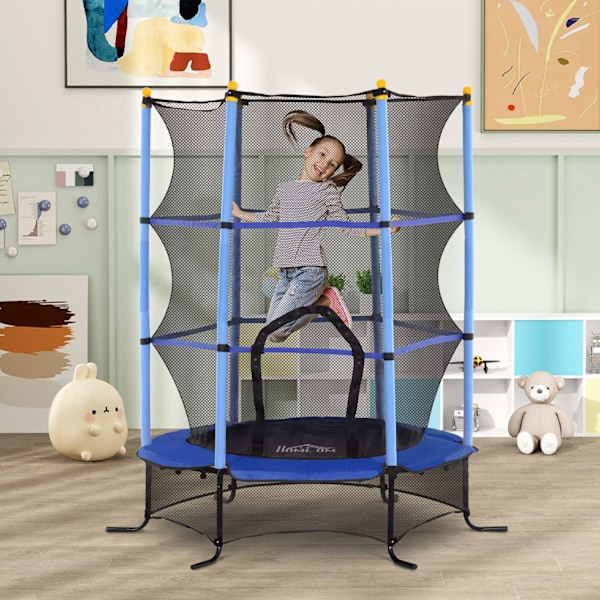 Børnetrampolin Ø163 cm, trampolin med sikkerhedsnet, kantafdækning, havetrampolin til børn 3-10 år, bæreevne op til 50 kg, blå