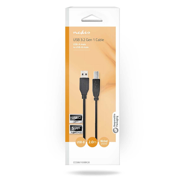 USB kaapeli | USB 3.2 Gen 1 | USB-A Uros | USB-B Uros | 5 Gbps | Niklattu | 2.00 m | Pyöreä | PVC | Musta | Laatikko
