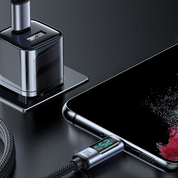 USB-C kabel med LED display 100W 1,2m sort